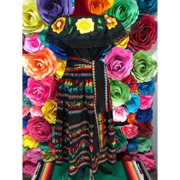 Mexican 3 piece set Blouse Cambaya skirt elastic waist and belt or mini rebozo - Picture 12 of 13